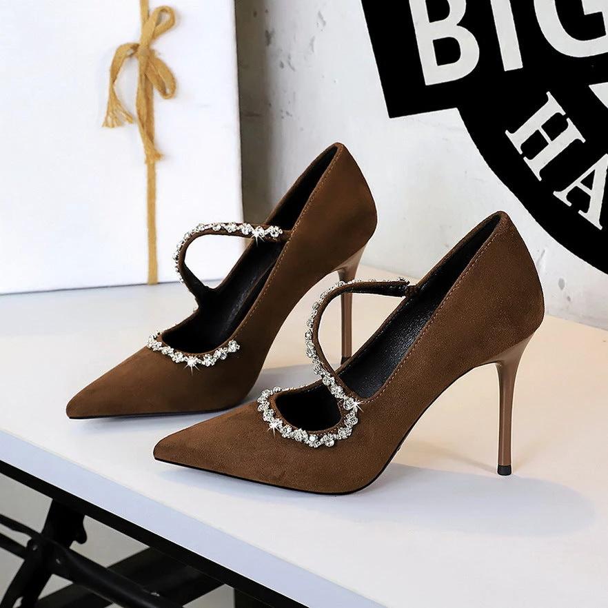 Pointed High Heels Diamond Chain Single Strap Thin Heels by GJG Denim