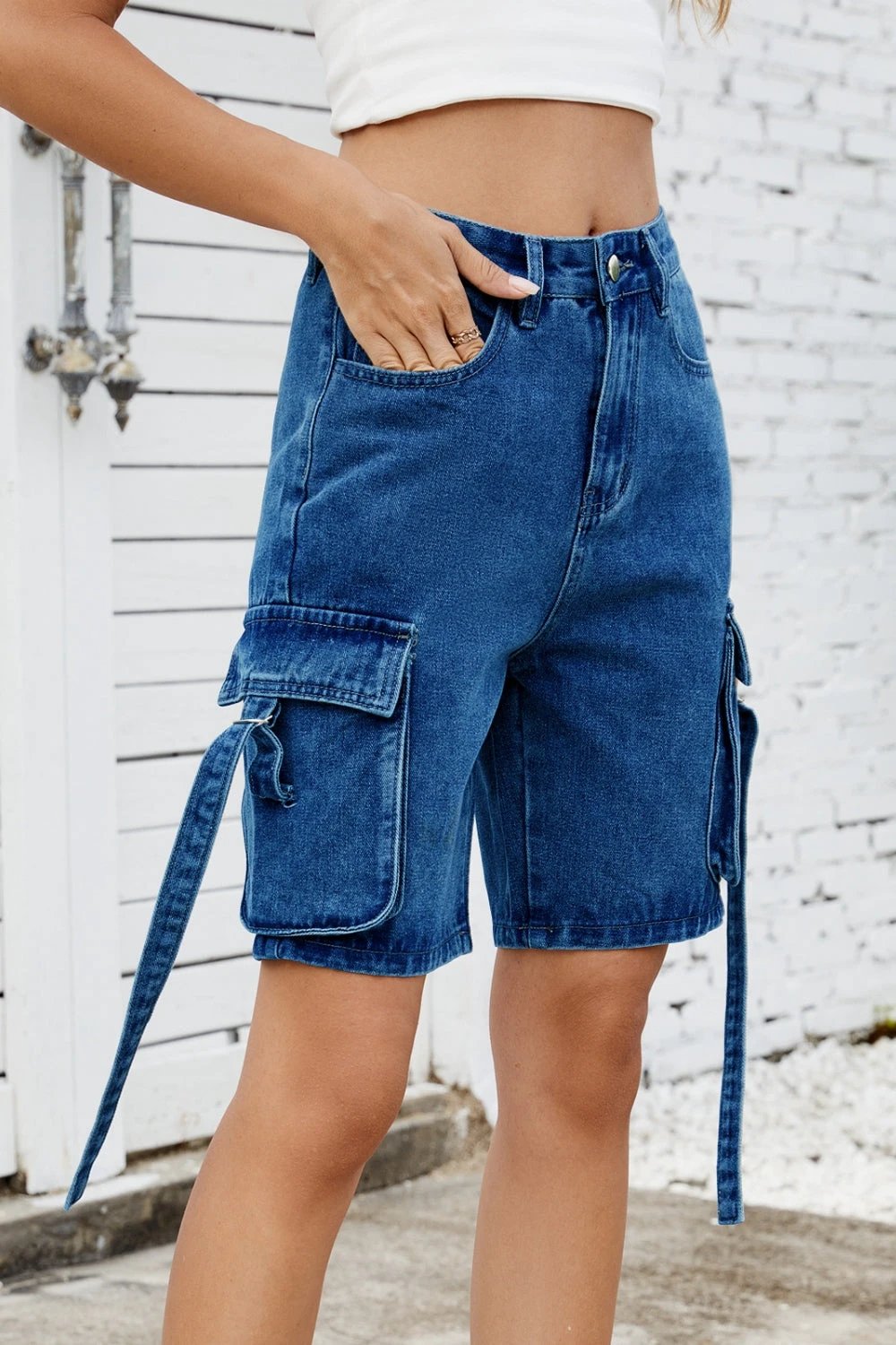Washed Cargo Denim Shorts by Lady Ros