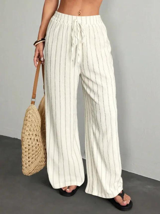 Textured Striped Wide-Leg Pants For Women, Elastic Waist Drawstring Casual Floor-Length Pants by GJG Denim