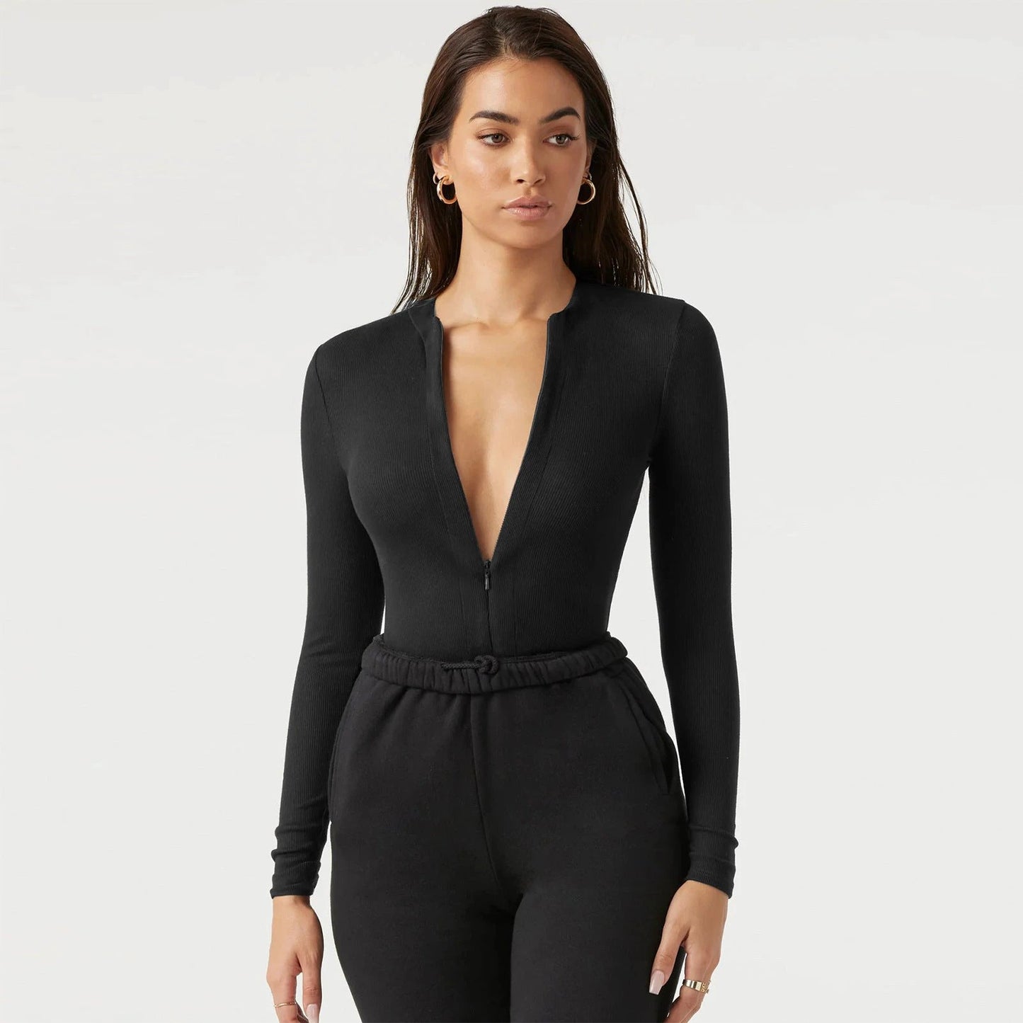Long Sleeve Zipper Jumpsuit Fashion V-Neck Slim Fit Knitted Corset Body Shaper Clothing For Dress Sports Yoga Romper by GJG Denim