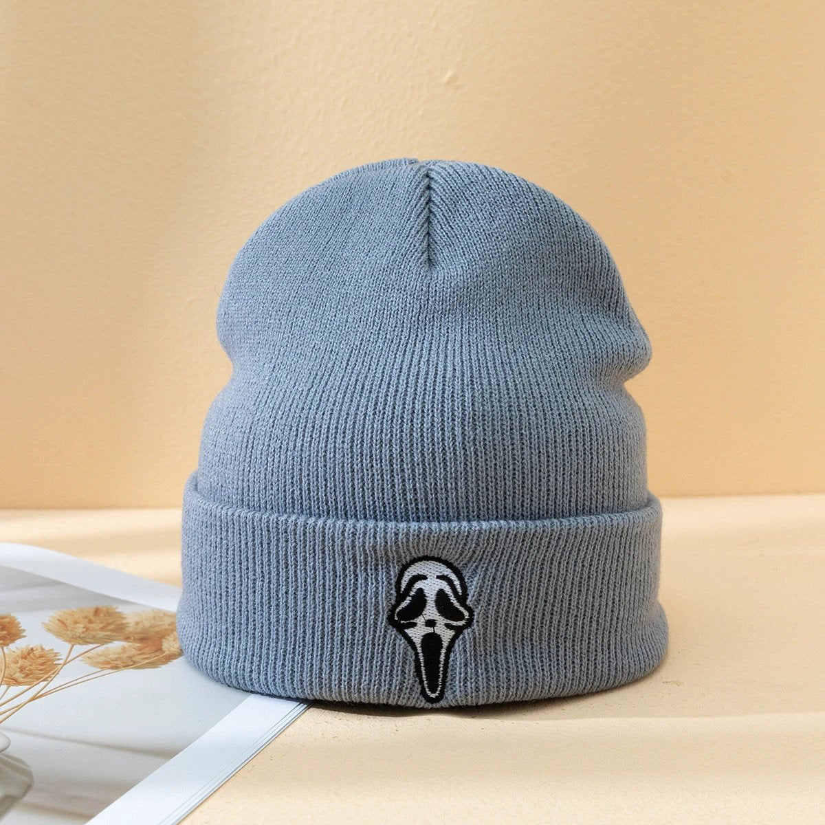 Men's Embroidered Ghost Face Knitted Beanie by GJG Denim