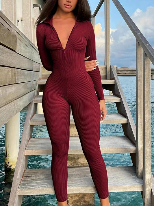 Casual Ribbed Zip-up Jumpsuit Long Sleeves by GJG Denim