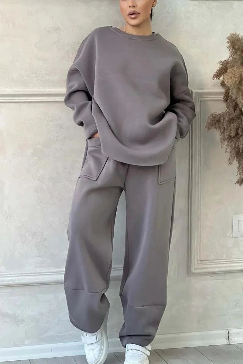 Women's Autumn And Winter Casual Loose Round Neck Long-sleeved Sweater Trousers Suit by GJG Denim