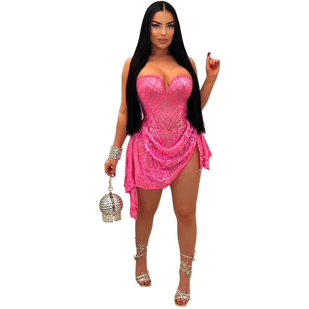 European And American Sexy V-neck Tube Top See-through Sequins Dress Women by GJG Denim