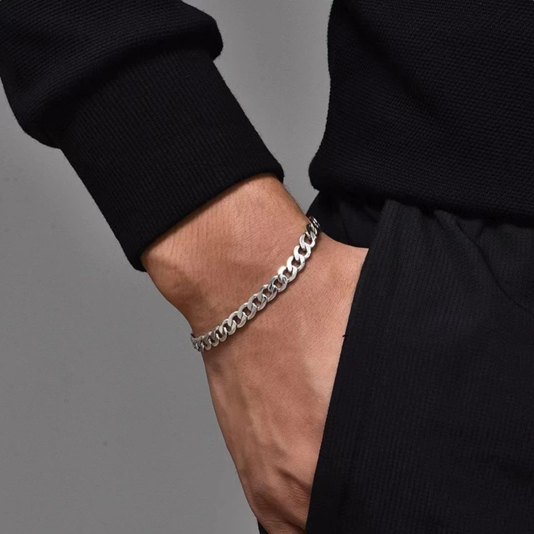 S925 Sterling Silver Personality Cuban Link Chain Men's Bracelet by GJG Denim