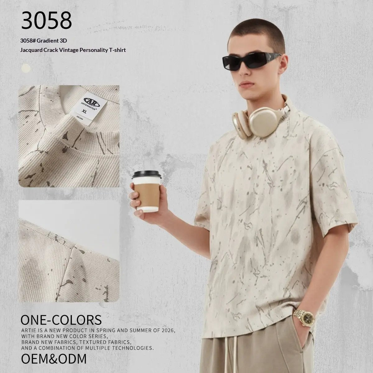 Ombre 3D Jacquard Crackle Distressed Trendy Brand All-Match T-Shirt by GJG Denim