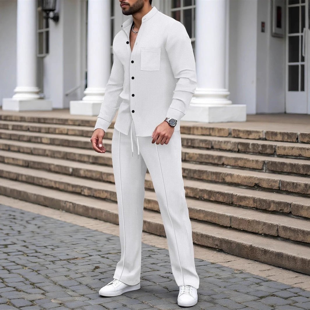 Waffle-textured Solid-color Stand-collar Shirt And Long-sleeve Pants Casual Set For Men by GJG Denim