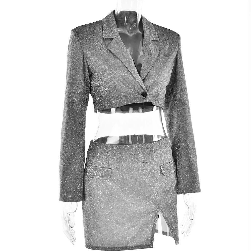 V-neck Long Sleeve Shiny Top Skirt Two-piece Suit by GJG Denim