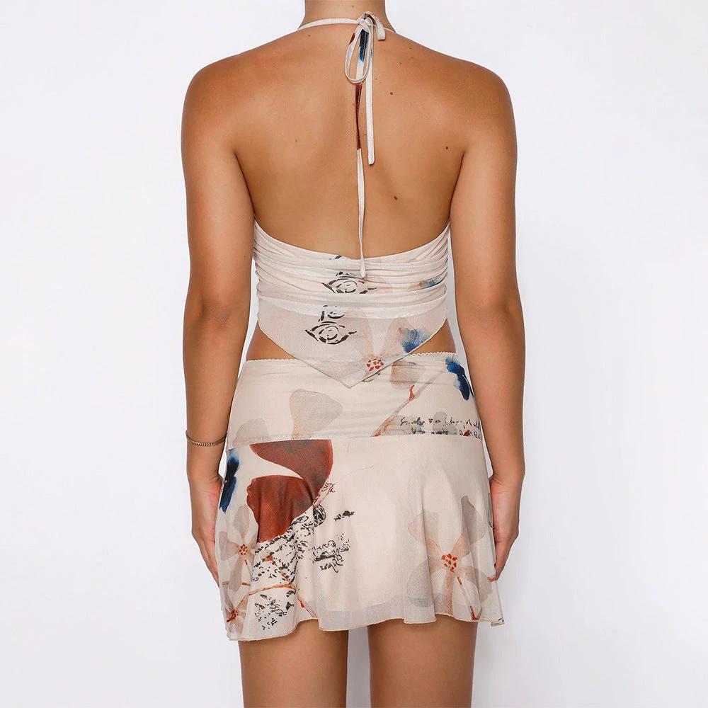 2Pcs Printed Suit Summer Sexy V-neck Halter Top And Pleated Short Skirt Women's Dress Set Clothing by GJG Denim