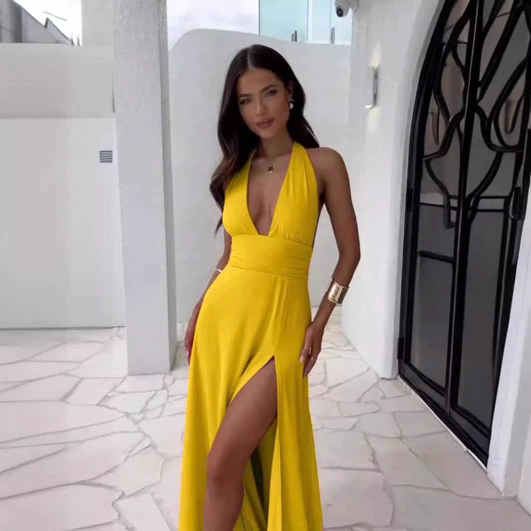 Spring New Women's Style Hanging Neck V-neck Slit Long Solid Color Dress by GJG Denim