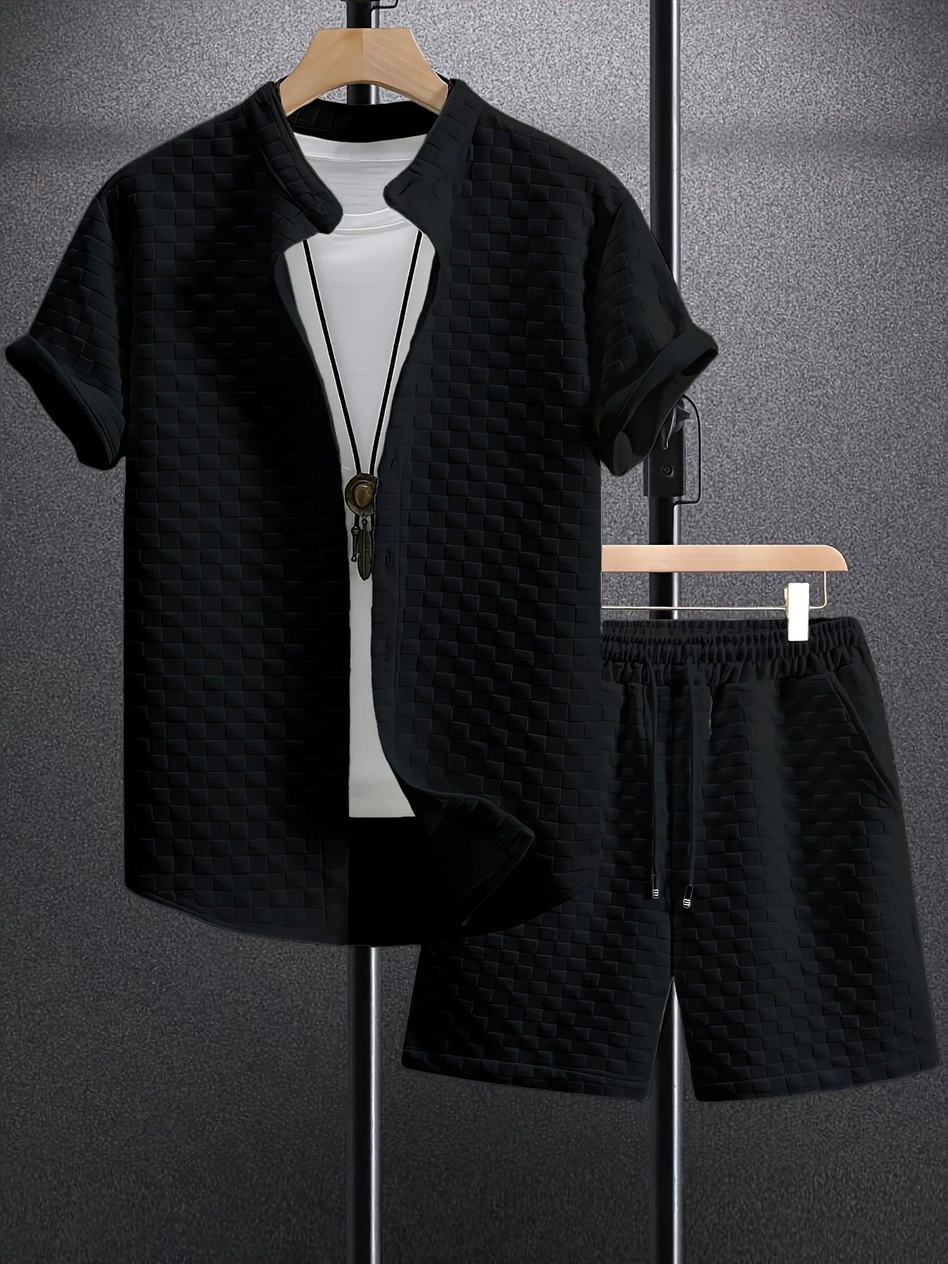 Men's Jacquard Casual Short Sleeve Shirt Set by GJG Denim