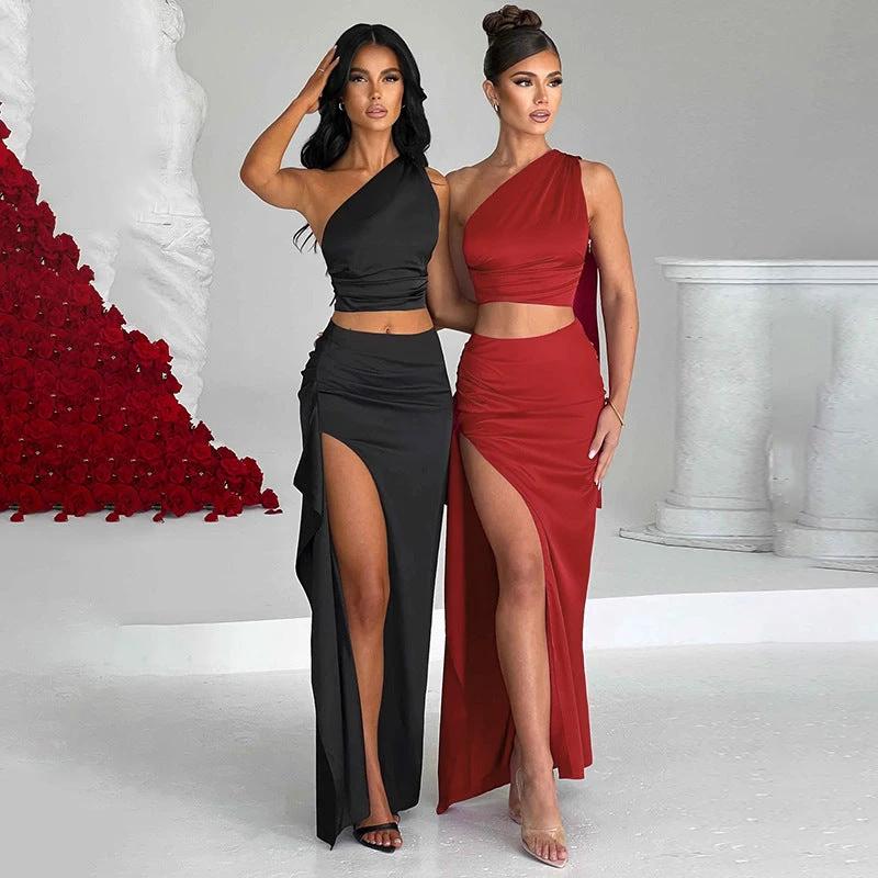 One-shoulder Satin Short Top High Waist Split Maxi Skirt by GJG Denim