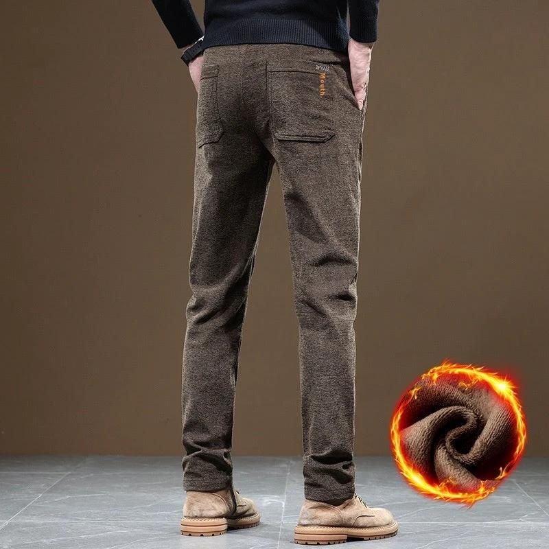 Men's Slim Fit Straight Fleece-lined Thick Business Casual Pants by GJG Denim