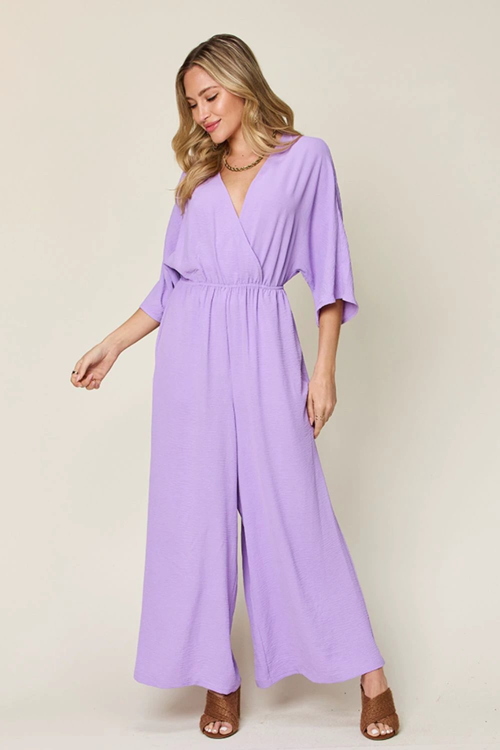 Tie-Waist Jumpsuit with Wide Legs and Short Sleeves by Lady Ros