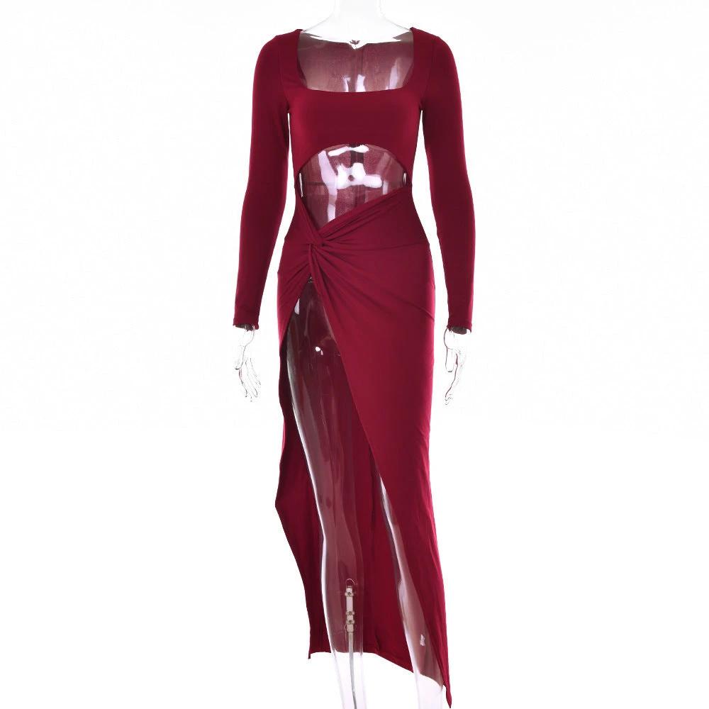 Womens Clothing Long Sleeve Dress Fashion Hollow U-neck Split Dress Party Wedding by GJG Denim