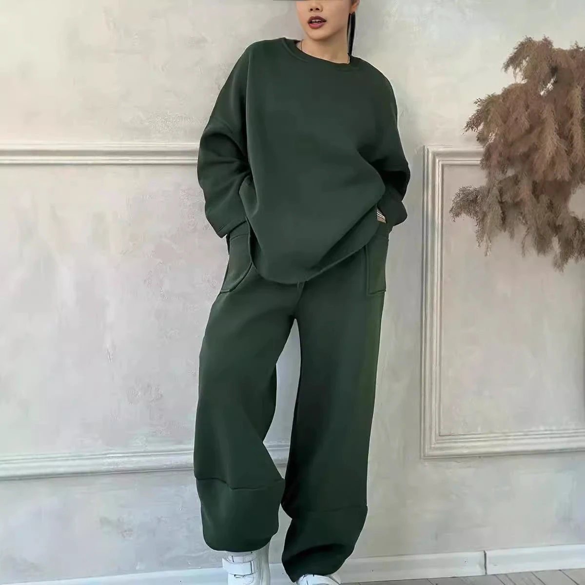Women's Autumn And Winter Casual Loose Round Neck Long-sleeved Sweater Trousers Suit by GJG Denim