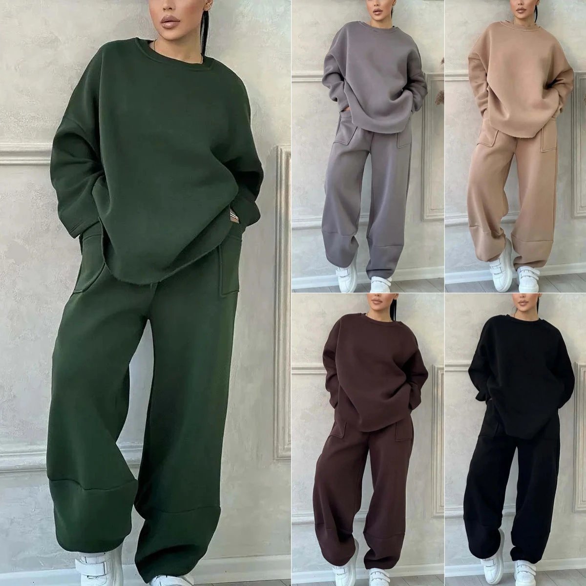 Women's Autumn And Winter Casual Loose Round Neck Long-sleeved Sweater Trousers Suit by GJG Denim