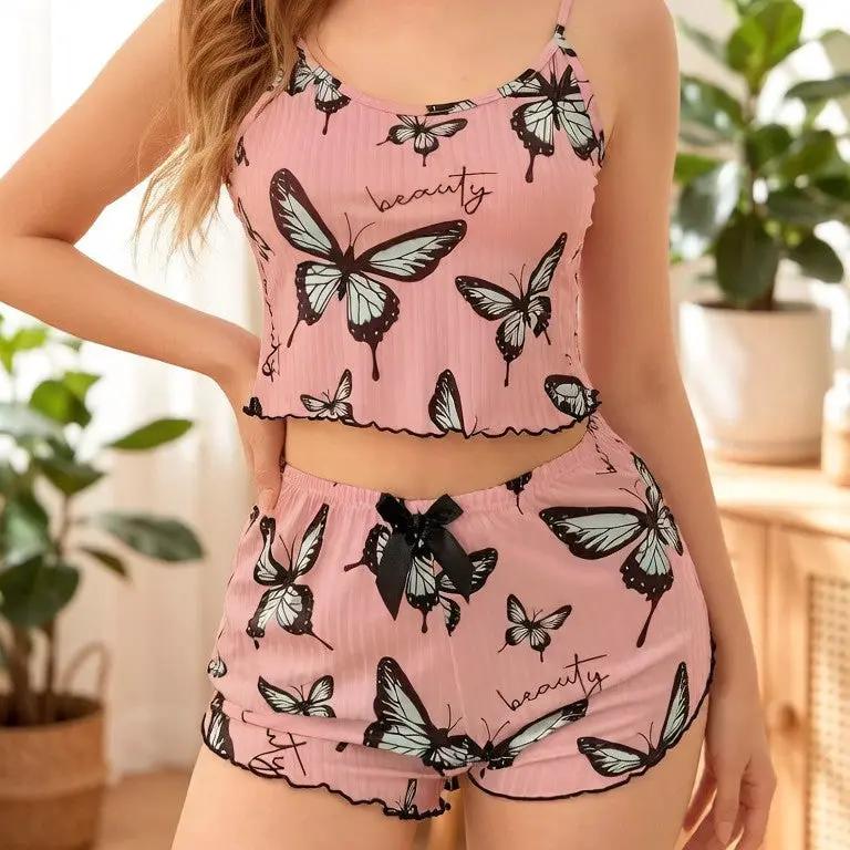 Women's Summer Thin Ribbed Home Wear Pajama Set Sexy Two-Piece by GJG Denim
