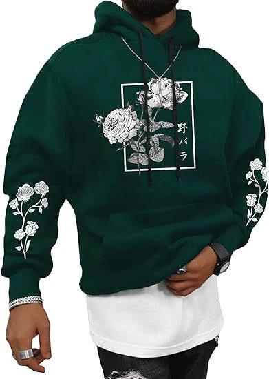 Men's Rose Print Casual Hooded Sweater by GJG Denim
