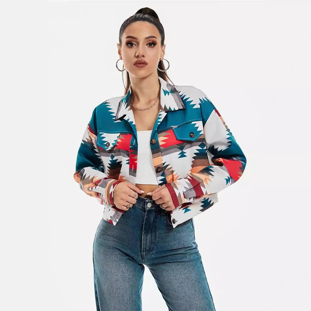 Coat Printing Long Sleeve Short Top by GJG Denim