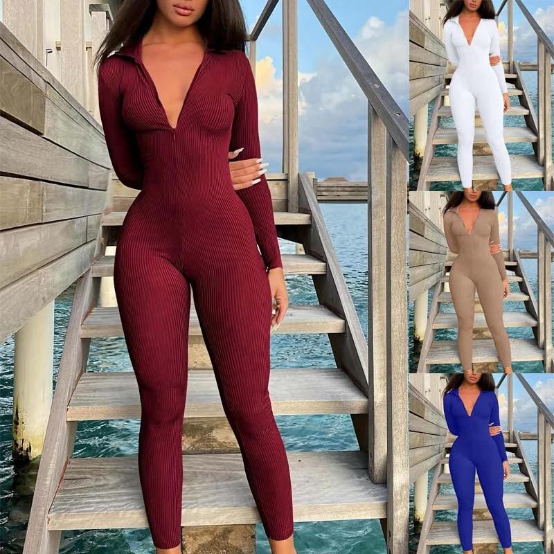 Casual Ribbed Zip-up Jumpsuit Long Sleeves by GJG Denim