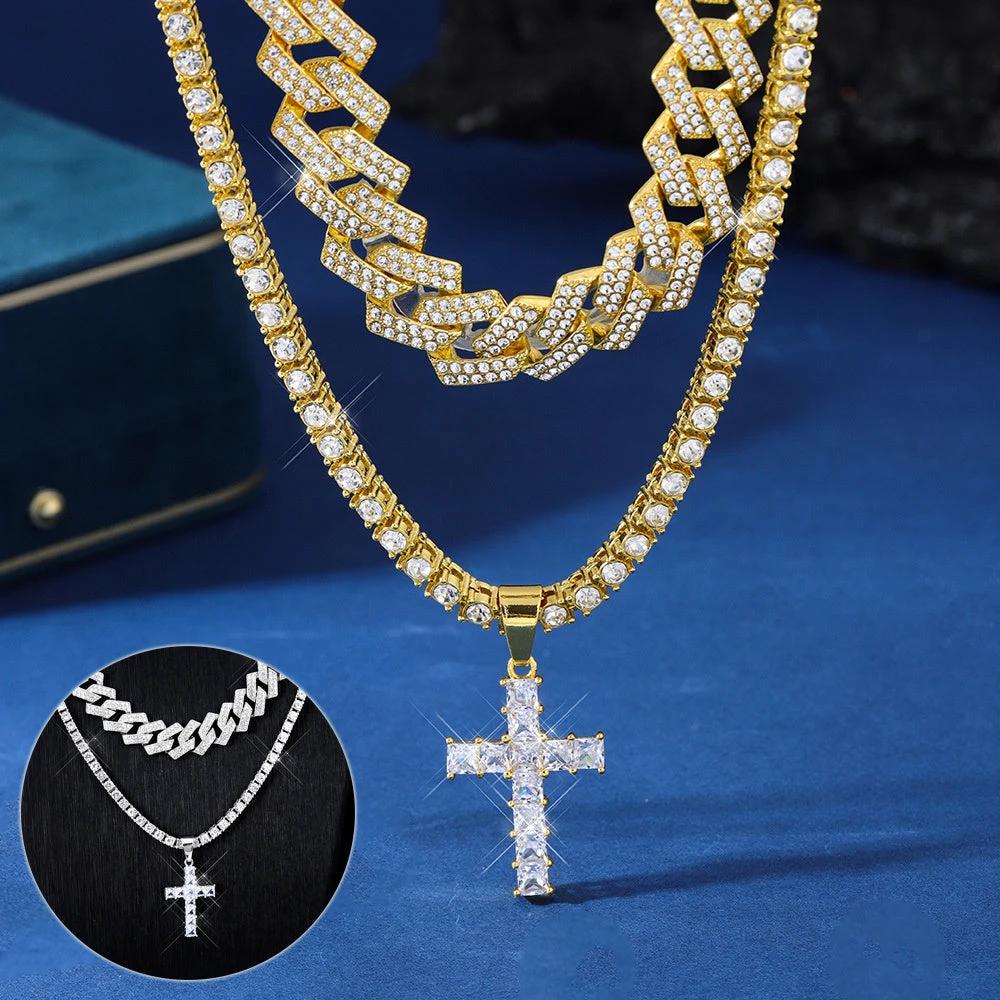 Men's Zircon Cross Pendant Cuban Chain Iced Out Paved Rhinestones Bling Necklaces by GJG Denim