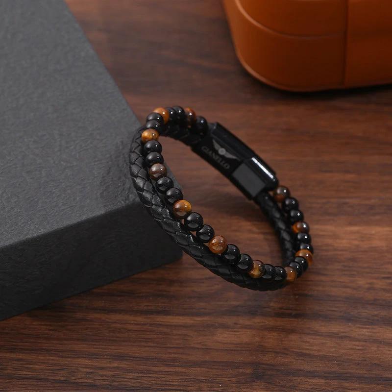 Men's Hand-woven Natural Tigereye Leather Beaded Bracelet by GJG Denim