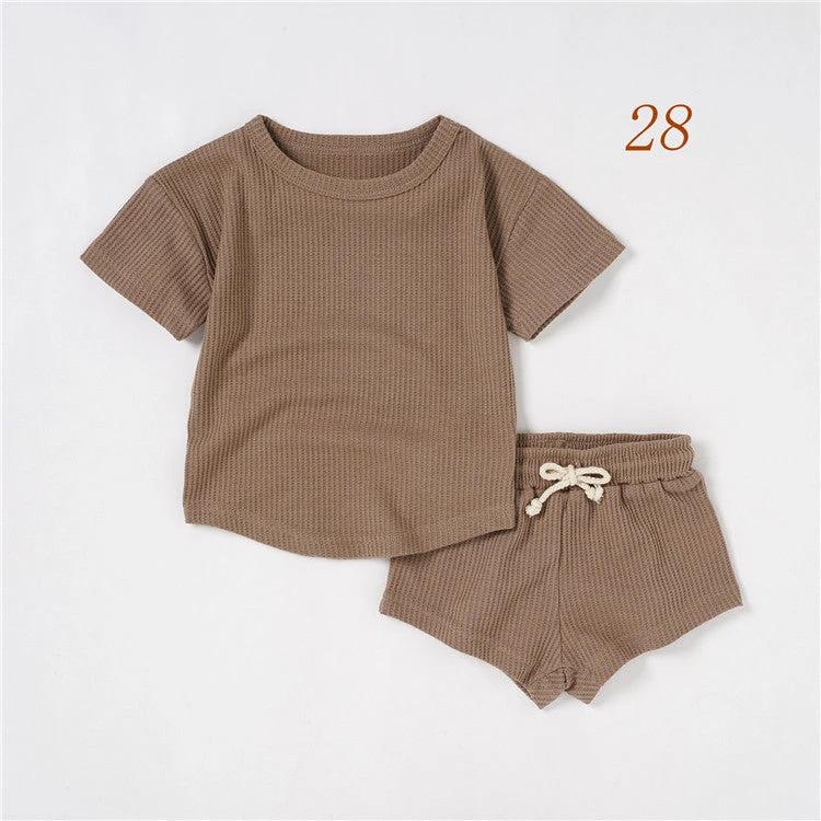 Children's Short-sleeved Suit Solid Color Baby Short Sleeve Two-piece Suit by GJG Denim