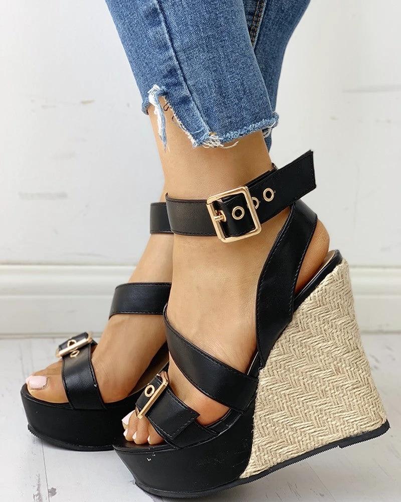 Women Large Size Straw Woven Wedge Heel Super High Heel Sandals by GJG Denim