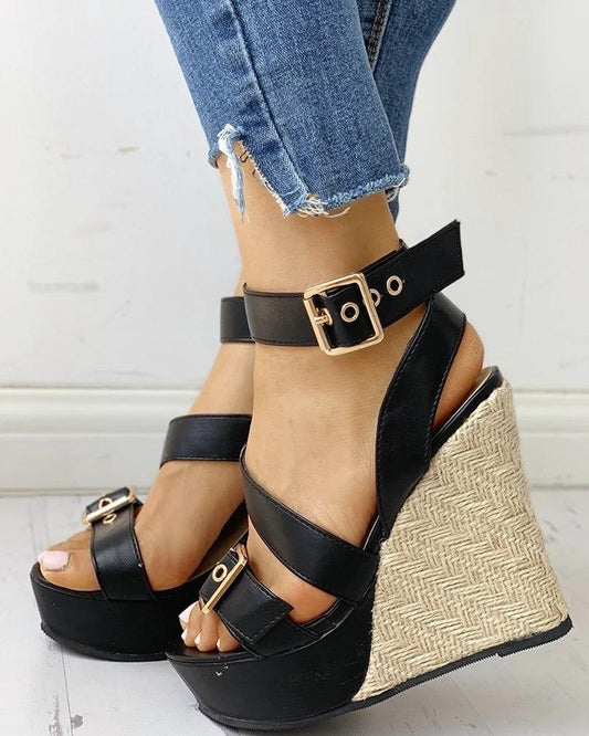 Women Large Size Straw Woven Wedge Heel Super High Heel Sandals by GJG Denim
