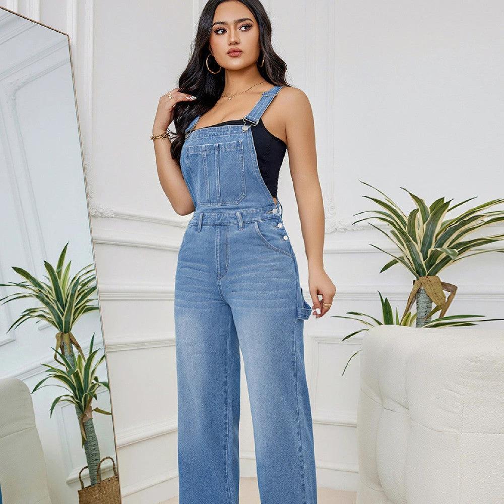 Women's Washed Denim Suspender Pants by GJG Denim