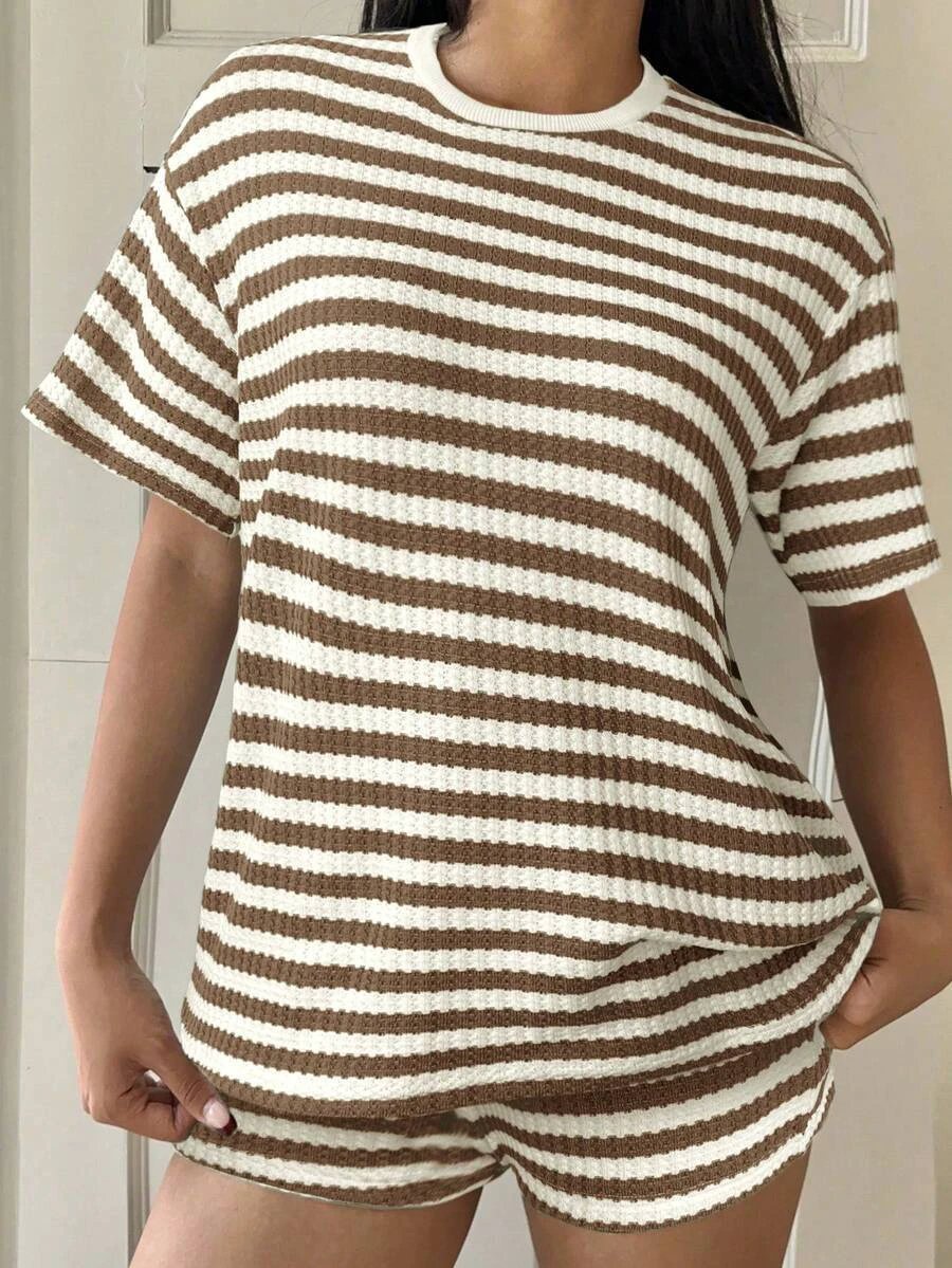 Striped Short-Sleeve T-Shirt Set Womens Fashion Summer by GJG Denim