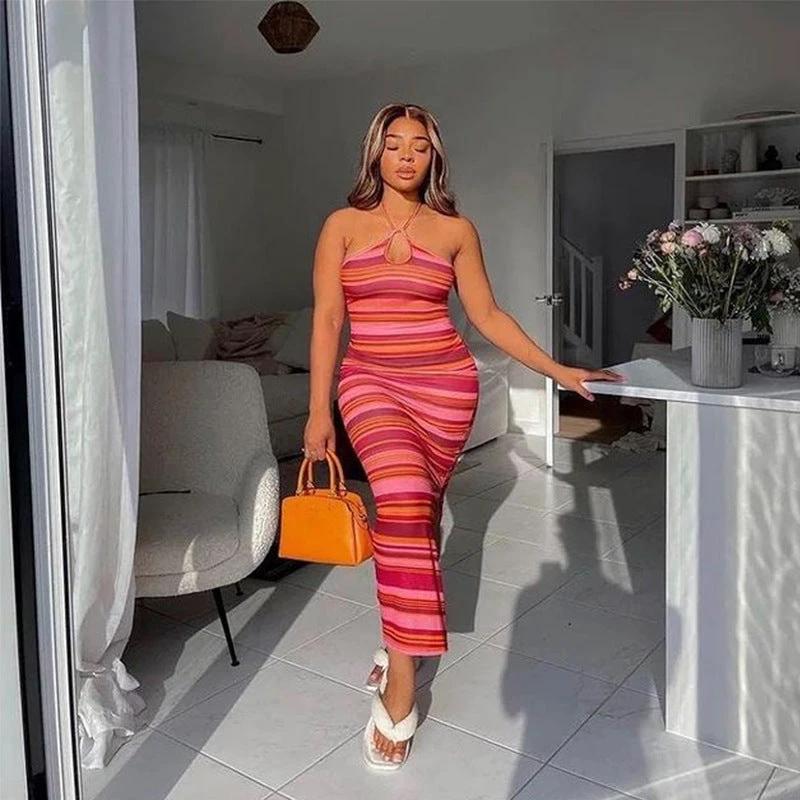 Striped Contrast Long Dress Sexy Halter Strap Backless Wrap Chest Slit Dress by GJG Denim
