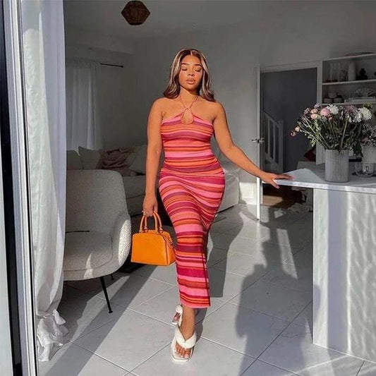 Striped Contrast Long Dress Sexy Halter Strap Backless Wrap Chest Slit Dress by GJG Denim