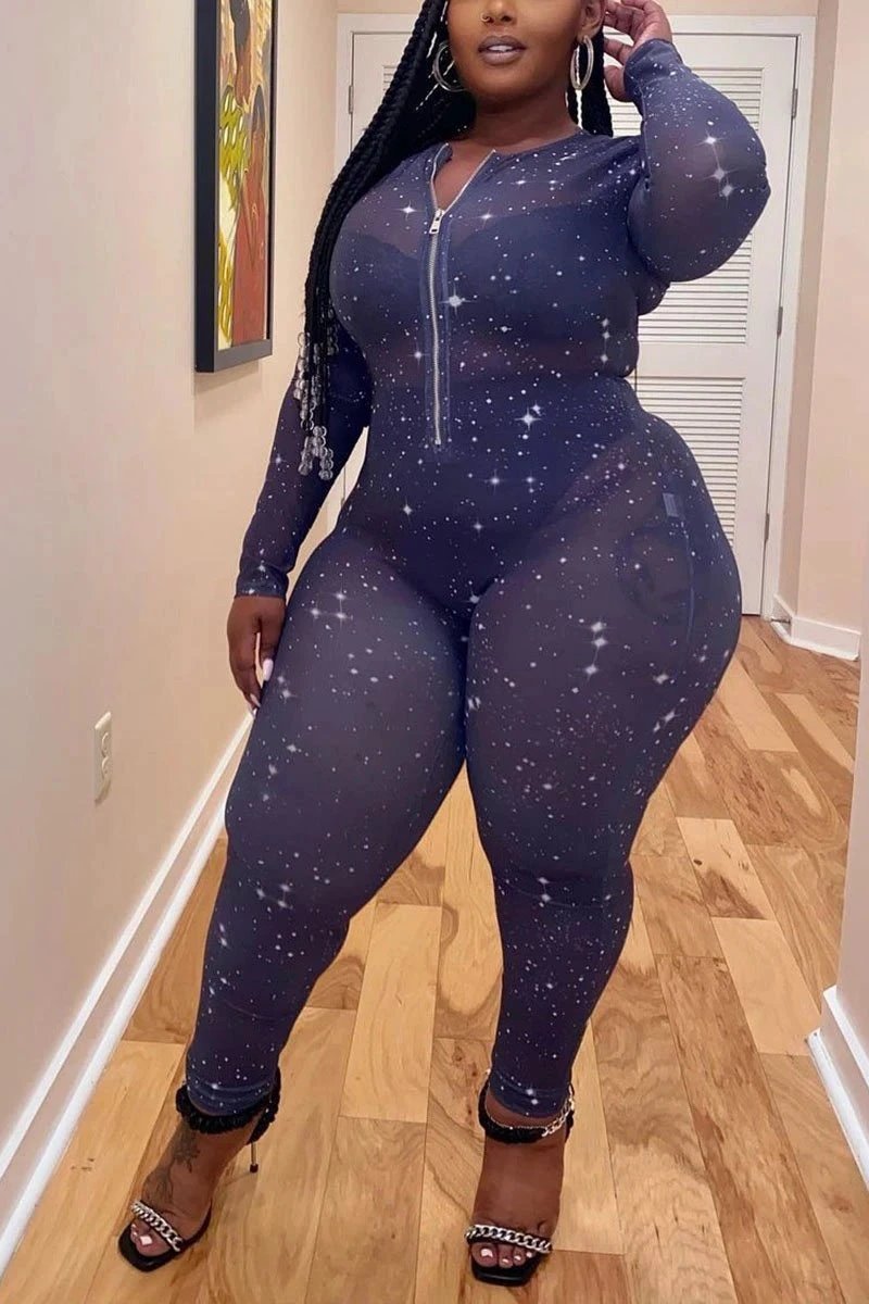 Hot Sale Sheer Temptation Printed Mesh Plus Size Jumpsuit by GJG Denim