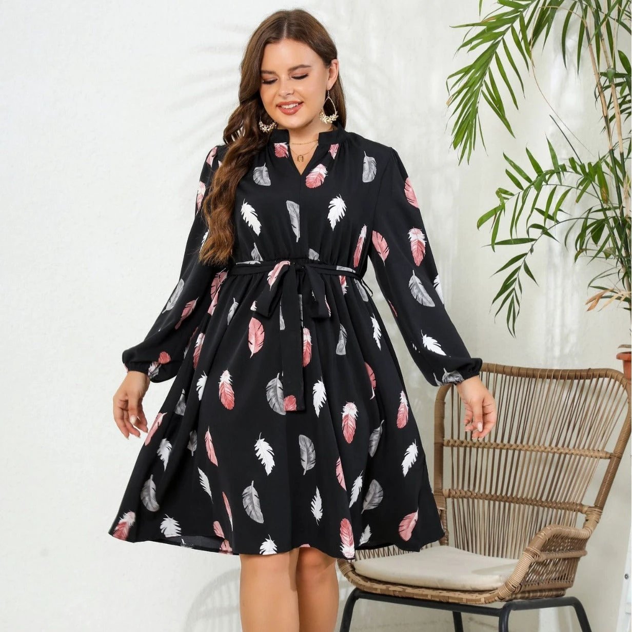 Printed Long Sleeve Waist-tight European And American Plus Size Dress by GJG Denim