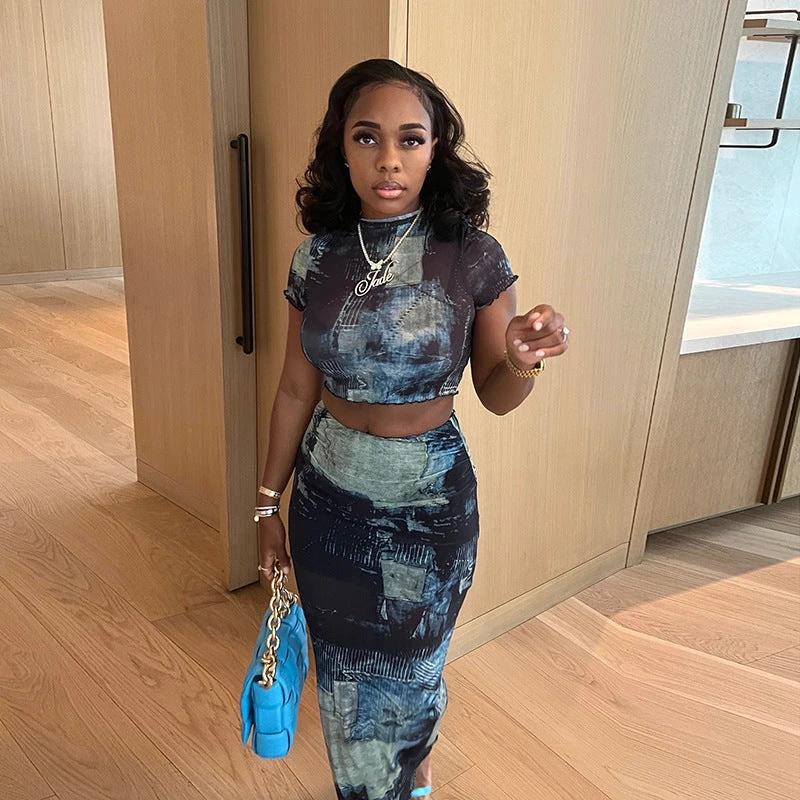 Round Neck Crop Top High Waist Hip Skirt Set by GJG Denim