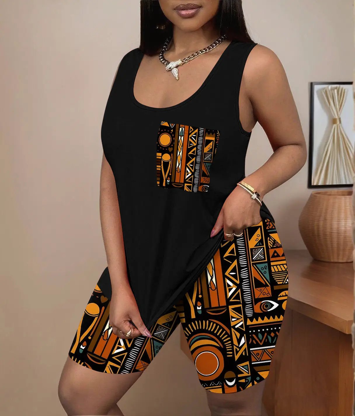 Leopard-print Halterneck Vest Top And Shorts Set by GJG Denim