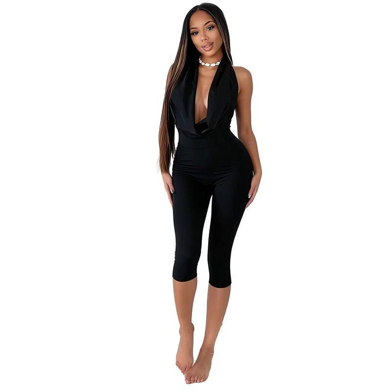 Solid-color Strap-tied H ip-hugging Capri Jumpsuit by GJG Denim
