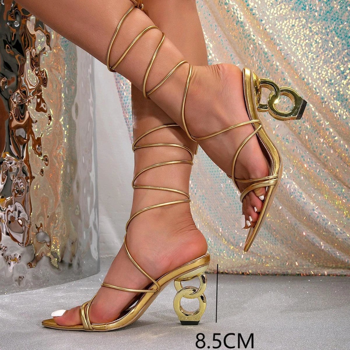 Gold Sandals Fashion High Heel Lace-up Profiled Heel by GJG Denim