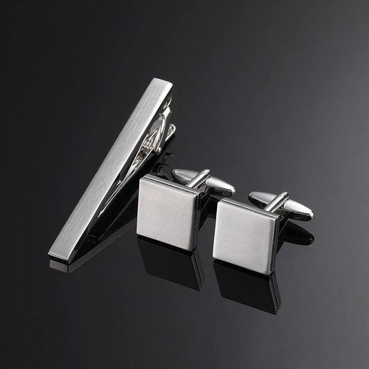 Gold Silver Black Square Brushed Tie Clip And Cufflinks by GJG Denim