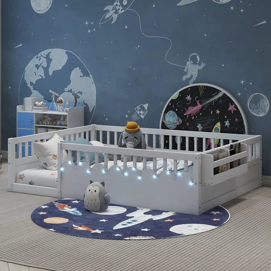 Full Montessori Floor Bed Frame With High Rails, Wood Kids Floor Beds With Light And Storage Shelf, White by GJG Denim