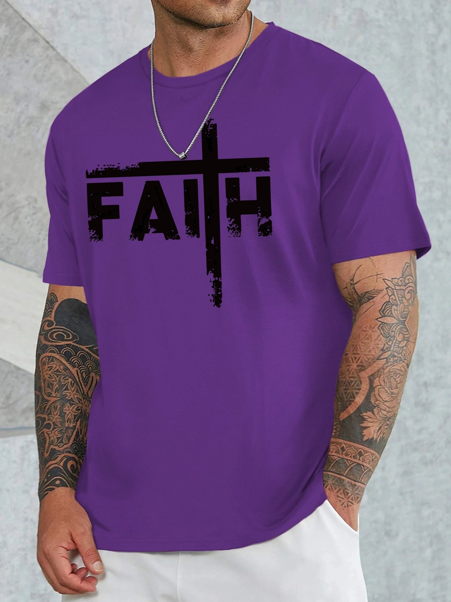 Large Men's Casual Fashion Sports T-shirt, Faith Pattern Round Neck Comfortable T-shirt Summer Clothing by GJG Denim