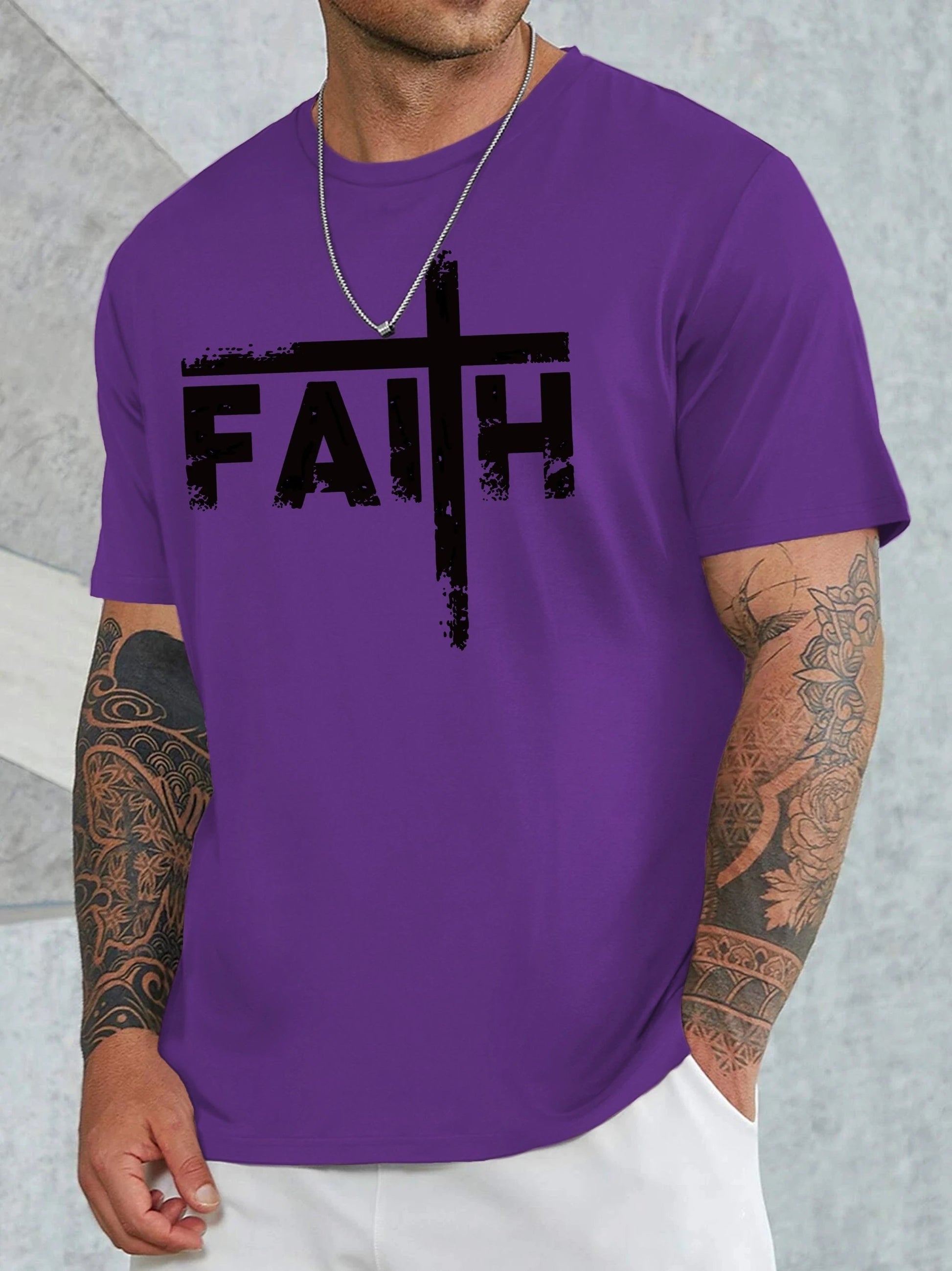 Large Men's Casual Fashion Sports T-shirt, Faith Pattern Round Neck Comfortable T-shirt Summer Clothing by GJG Denim