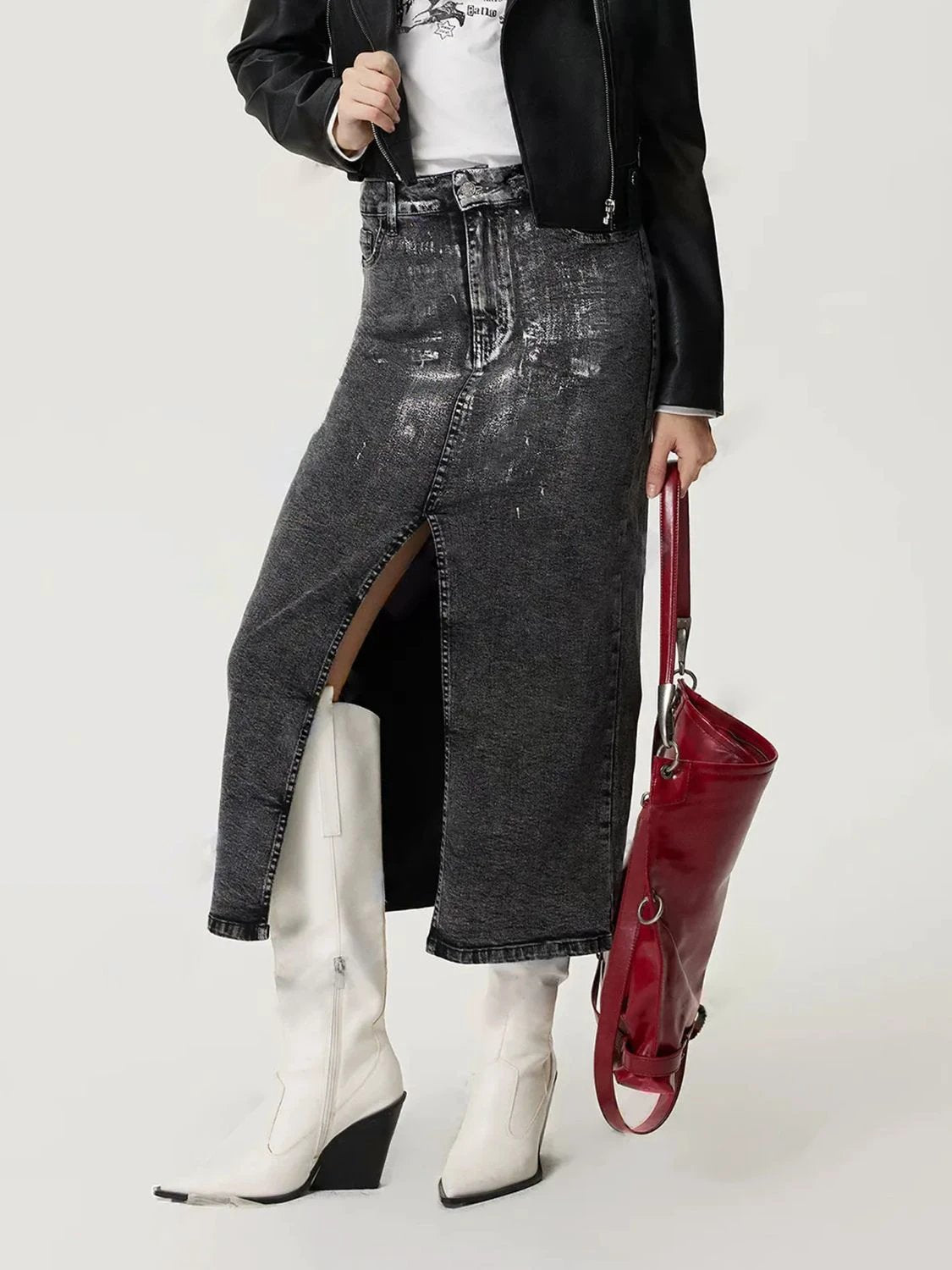 Slit Midi Denim Skirt with Pockets by Lady Ros