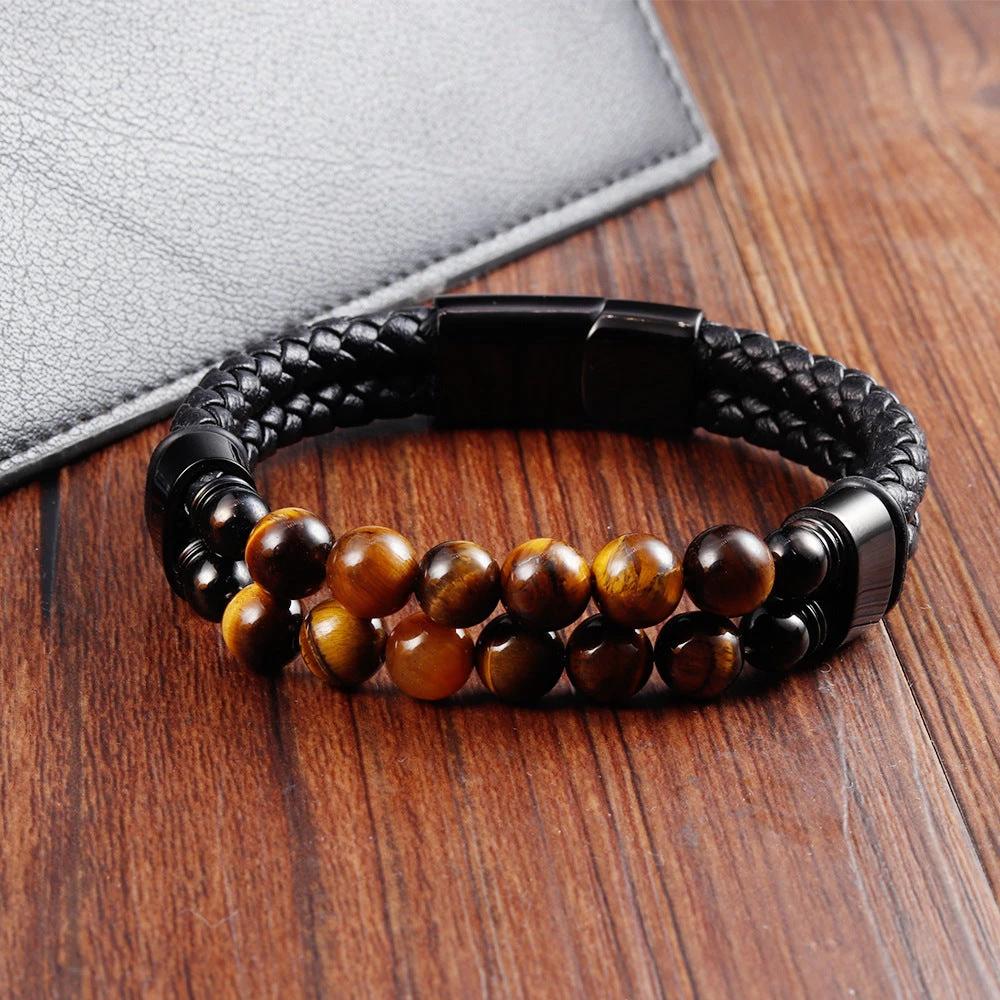 Men's Stainless Steel Leather Braided Handmade Multi-Layer Bracelet by GJG Denim