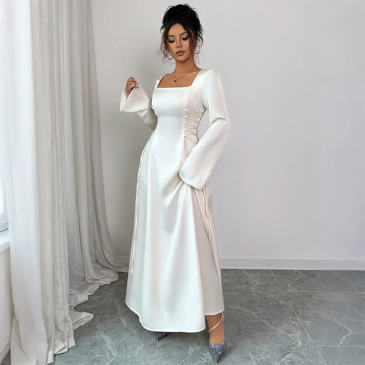 Elegant Solid Color Long Sleeve Dress Women's Clothing by GJG Denim