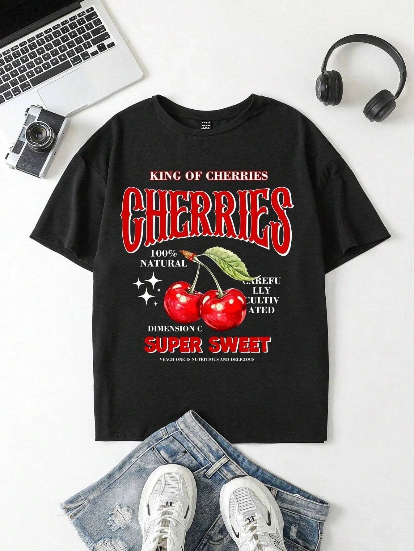 Plus Size Cherry Ocean Shark Print Round Neck Short Sleeve Women's by GJG Denim