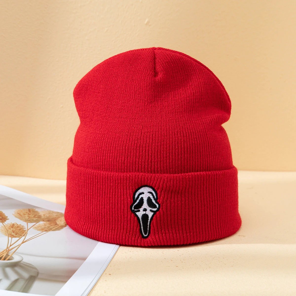 Men's Embroidered Ghost Face Knitted Beanie by GJG Denim