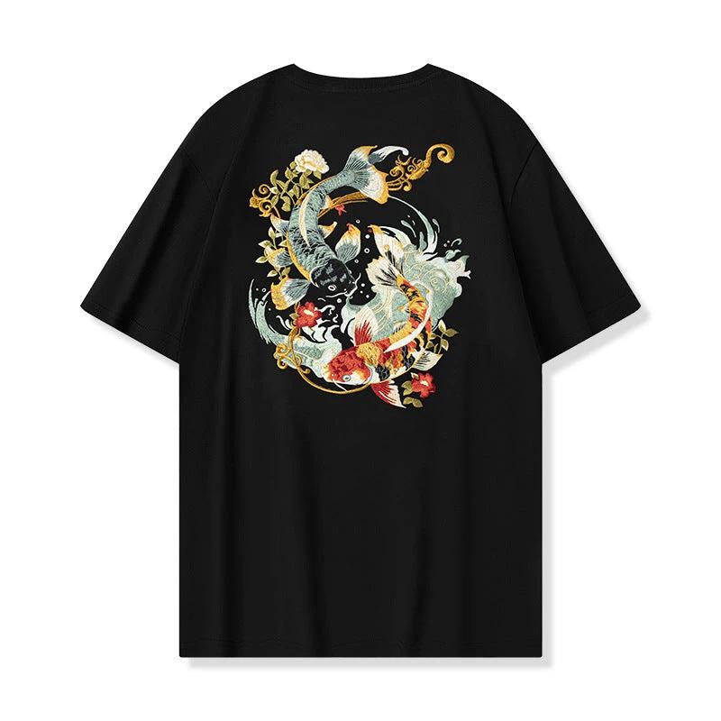 Loose Embroidered Floral Koi Short-sleeved T-shirt For Boys by GJG Denim